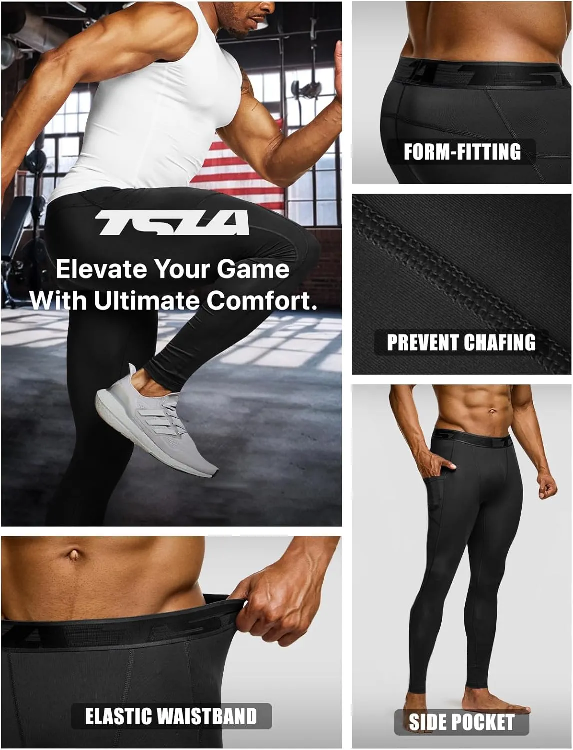 TSLA Men's Compression Pants, Cool Dry Athletic Workout Running Leggings Tights with Pockets