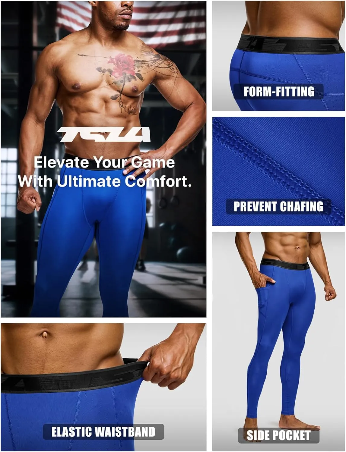 TSLA Men's Compression Pants, Cool Dry Athletic Workout Running Leggings Tights with Pockets