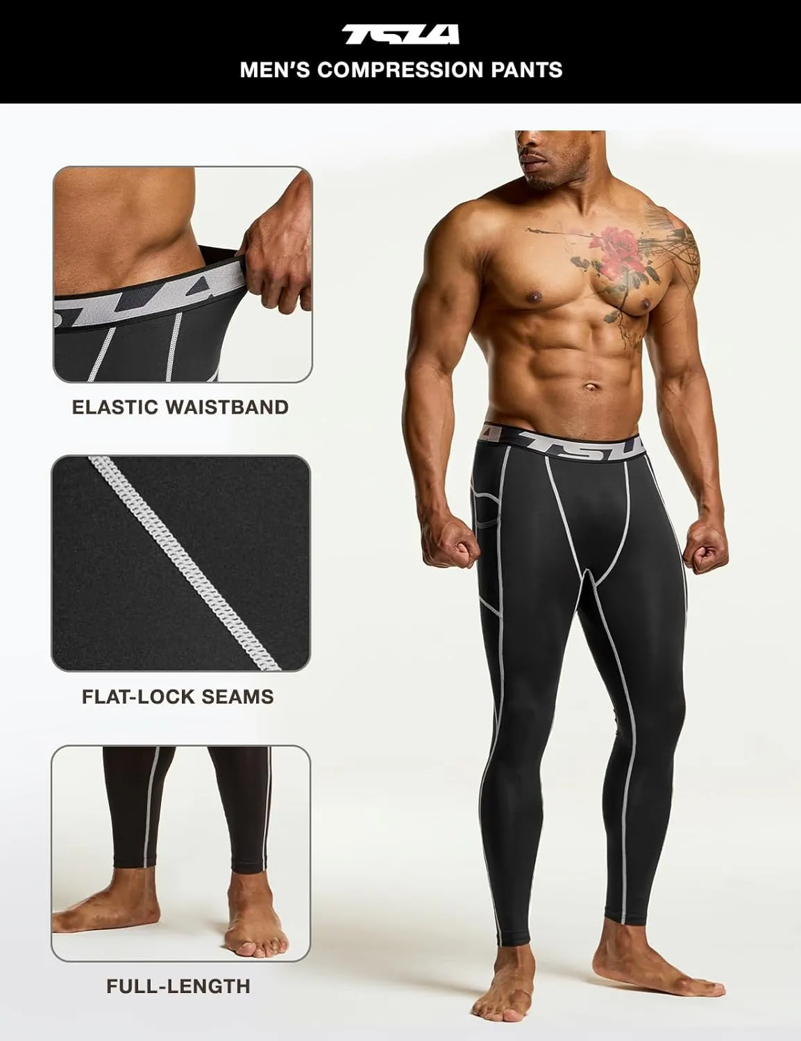 TSLA Men's Compression Pants, Cool Dry Athletic Workout Running Leggings Tights with Pockets