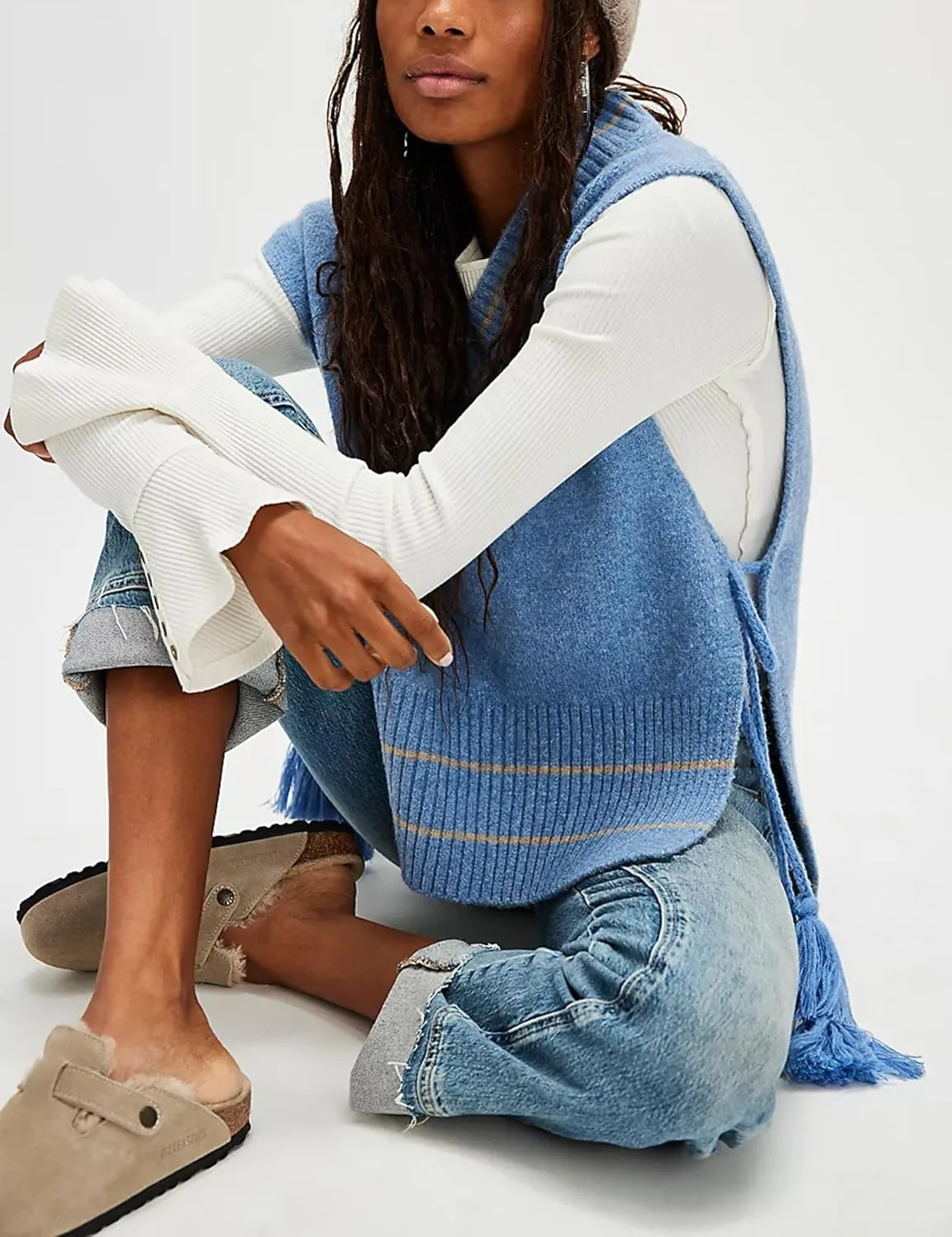 UANEO Womens V Neck Sweater Vest All Star Stripe Poncho Sleeveless Pullover Tank Tops