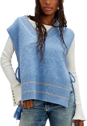 UANEO Womens V Neck Sweater Vest All Star Stripe Poncho Sleeveless Pullover Tank Tops
