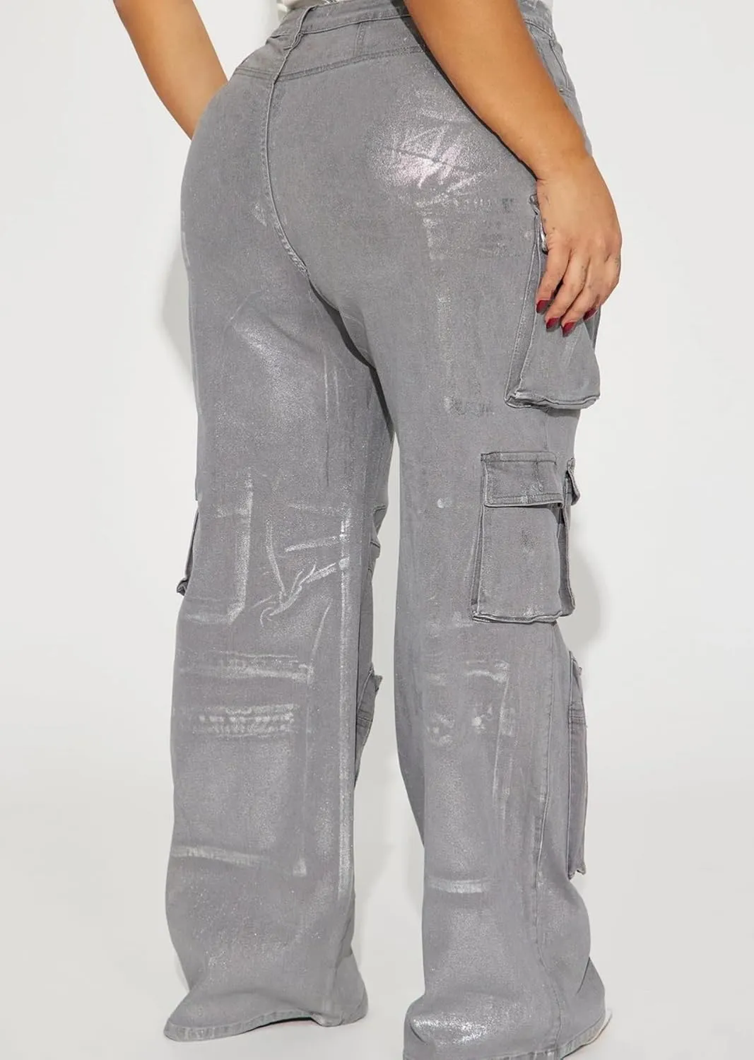 Unybwonn Women High Waisted Metallic Cargo Jeans Y2k Satin Sparkly Straight Wide Leg Denim Pants with Flap Pockets