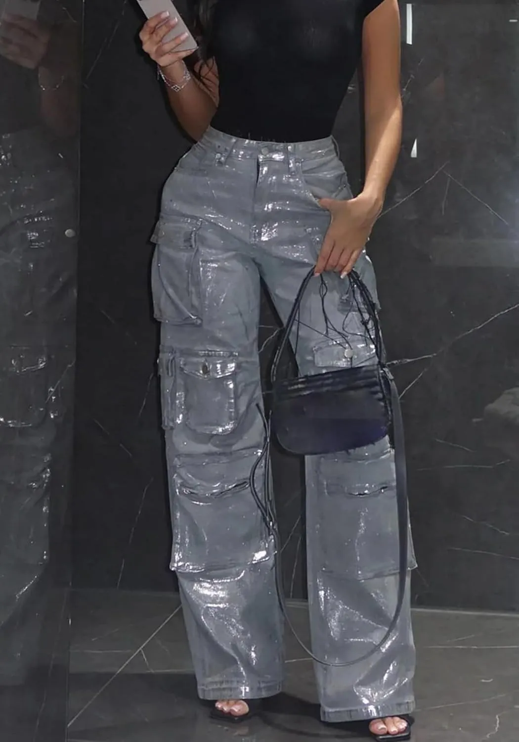 Unybwonn Women High Waisted Metallic Cargo Jeans Y2k Satin Sparkly Straight Wide Leg Denim Pants with Flap Pockets