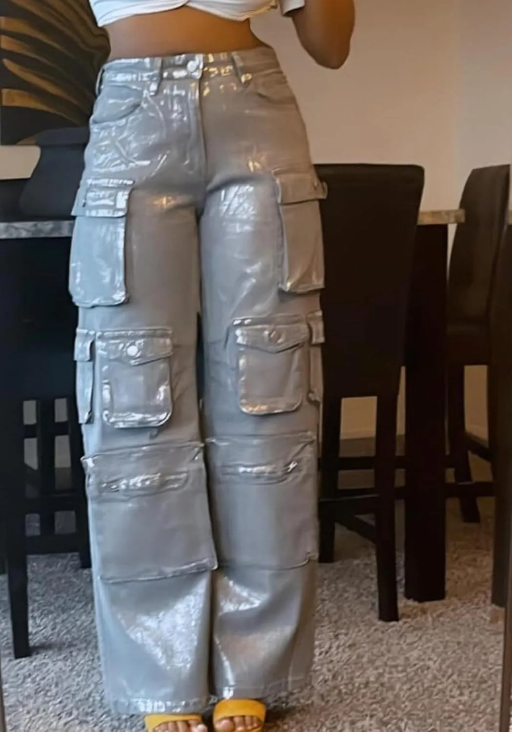 Unybwonn Women High Waisted Metallic Cargo Jeans Y2k Satin Sparkly Straight Wide Leg Denim Pants with Flap Pockets