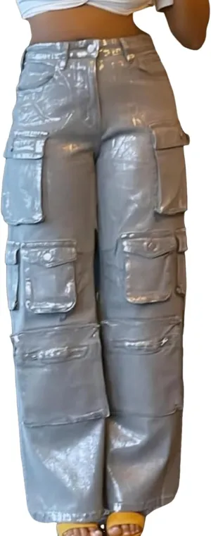 Unybwonn Women High Waisted Metallic Cargo Jeans Y2k Satin Sparkly Straight Wide Leg Denim Pants with Flap Pockets