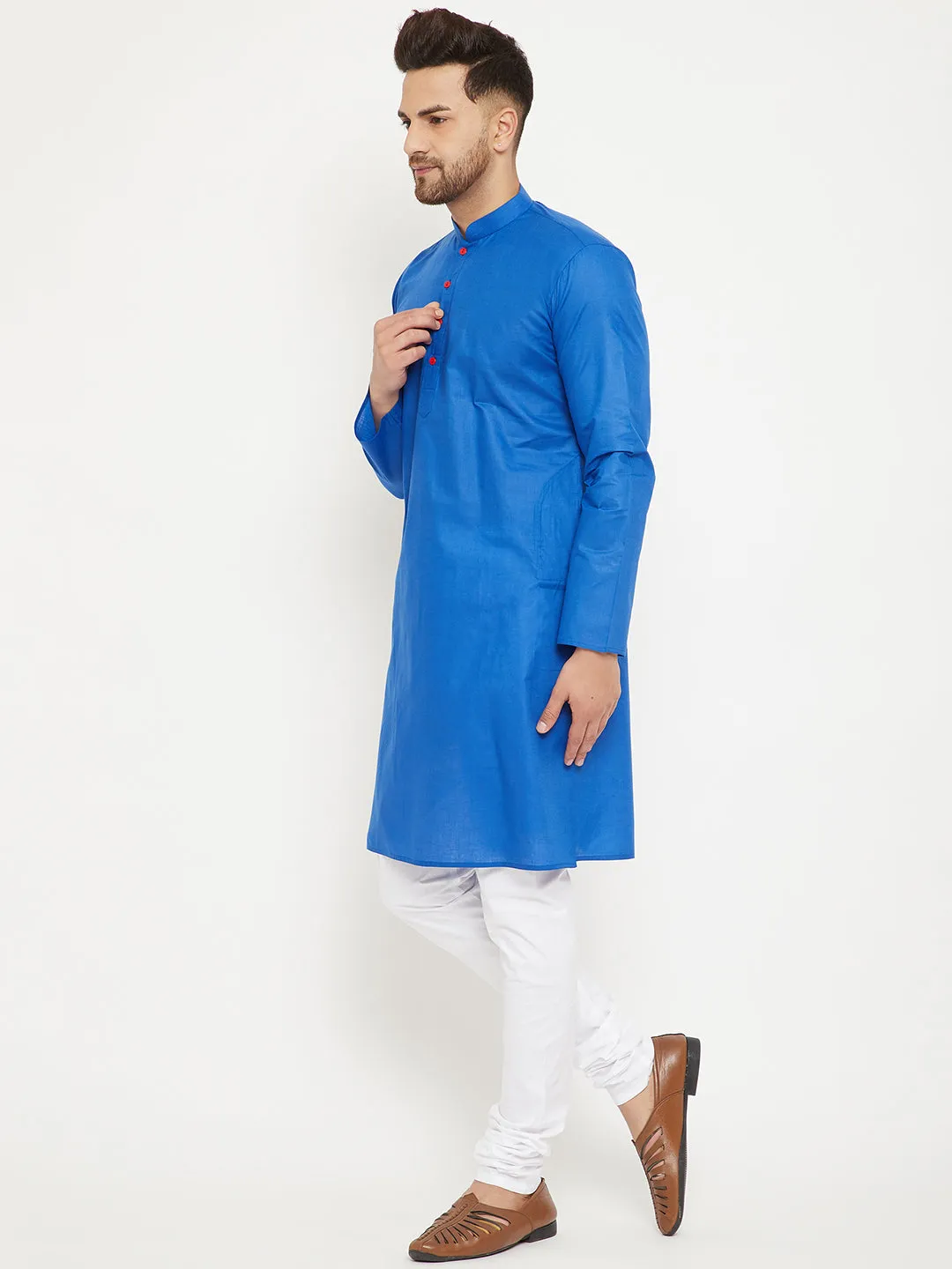 VASTRAMAY Men's Blue and White Kurta Set