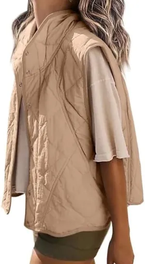 Veatzaer Womens Puffer Vest Cropped Quilted Stand Collar Lightweight Jacket Sleeveless Button Down Tops