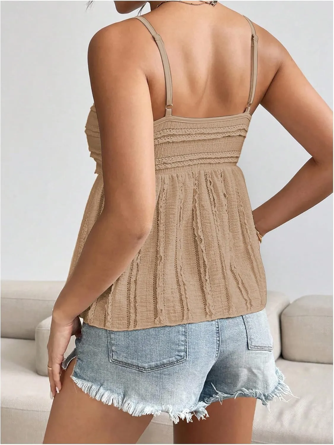 Verdusa Women's Baby Doll Peplum Going Out Tops Ruched Lace Trim Cami Summer Top