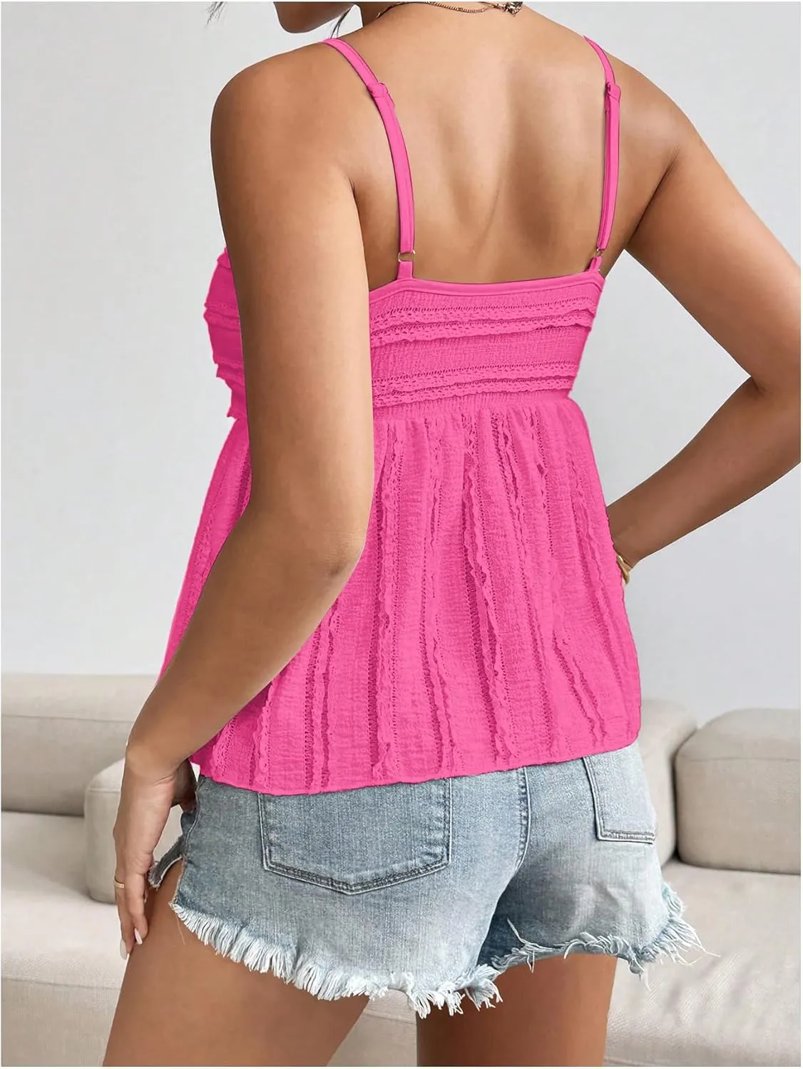 Verdusa Women's Baby Doll Peplum Going Out Tops Ruched Lace Trim Cami Summer Top