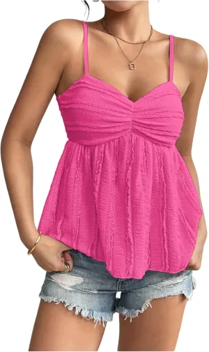 Verdusa Women's Baby Doll Peplum Going Out Tops Ruched Lace Trim Cami Summer Top