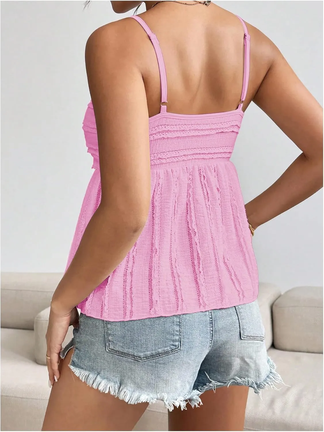 Verdusa Women's Baby Doll Peplum Going Out Tops Ruched Lace Trim Cami Summer Top