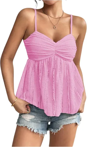 Verdusa Women's Baby Doll Peplum Going Out Tops Ruched Lace Trim Cami Summer Top