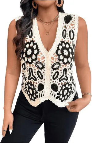 Verdusa Women's Plus Size Button Front V Neck Crochet Sweater Vest Sleeveless Knit Tops