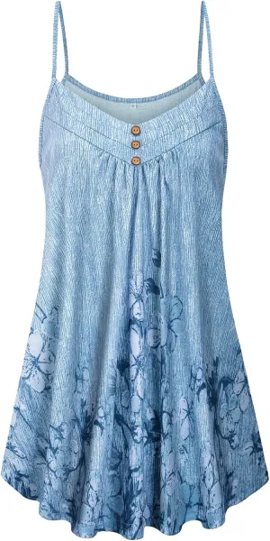 Viracy Women's Summer Button V Neck Pleated Spaghetti Strap Camisole Tank Tops (M-3XL)