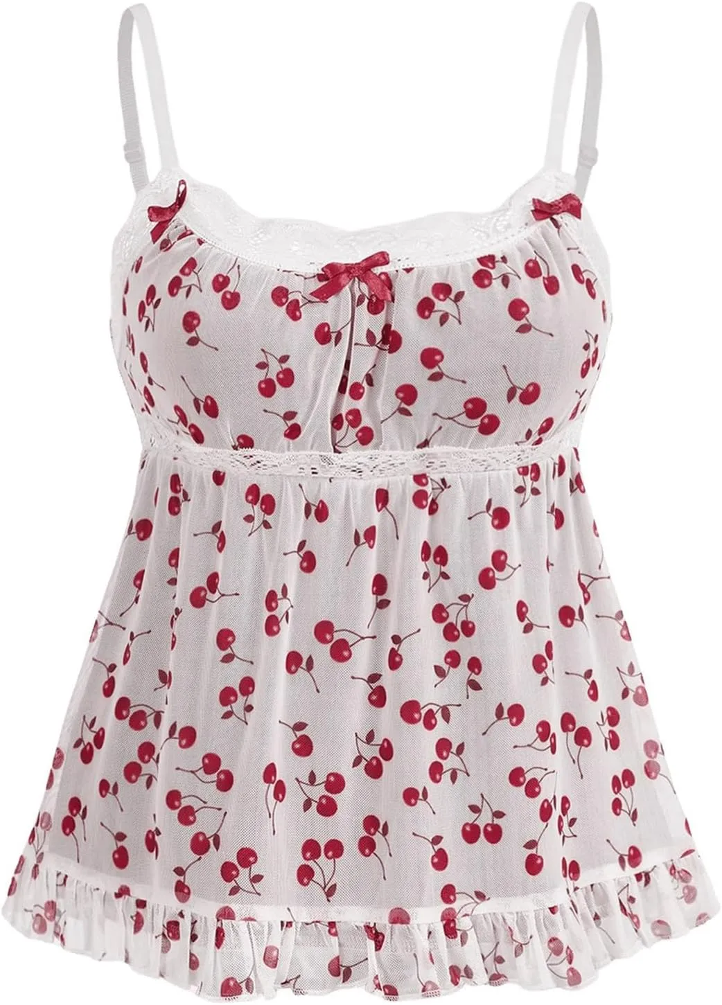 WDIRARA Women's Cherry Print Lace Trim Bow Cami Top Spaghetti Strap Ruffle Hem Camisole Tops