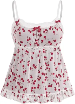 WDIRARA Women's Cherry Print Lace Trim Bow Cami Top Spaghetti Strap Ruffle Hem Camisole Tops