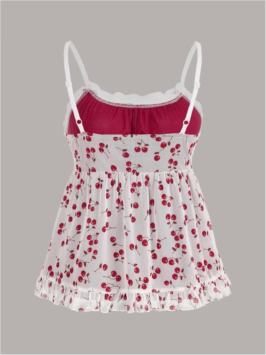 WDIRARA Women's Cherry Print Lace Trim Bow Cami Top Spaghetti Strap Ruffle Hem Camisole Tops