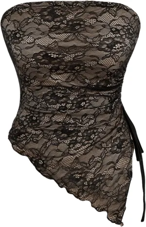 WDIRARA Women's Floral Mesh Strapless Side Ruched Tube Top Asymmetrical Hem Bandeau Crop Tops
