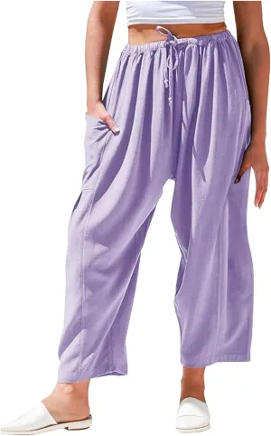 Wide Leg Cropped Pants for Women Casual Drawstring Harem Pants Baggy Lounge Cotton Blend Linen Trousers with Pockets