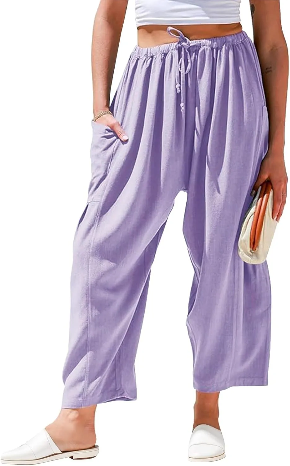 Wide Leg Cropped Pants for Women Casual Drawstring Harem Pants Baggy Lounge Cotton Blend Linen Trousers with Pockets