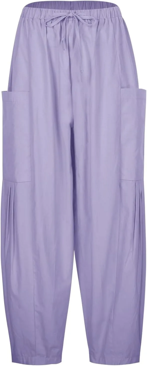 Wide Leg Cropped Pants for Women Casual Drawstring Harem Pants Baggy Lounge Cotton Blend Linen Trousers with Pockets
