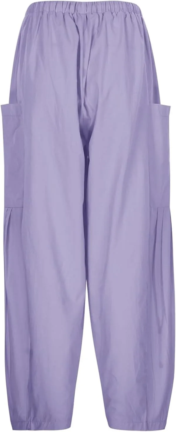 Wide Leg Cropped Pants for Women Casual Drawstring Harem Pants Baggy Lounge Cotton Blend Linen Trousers with Pockets