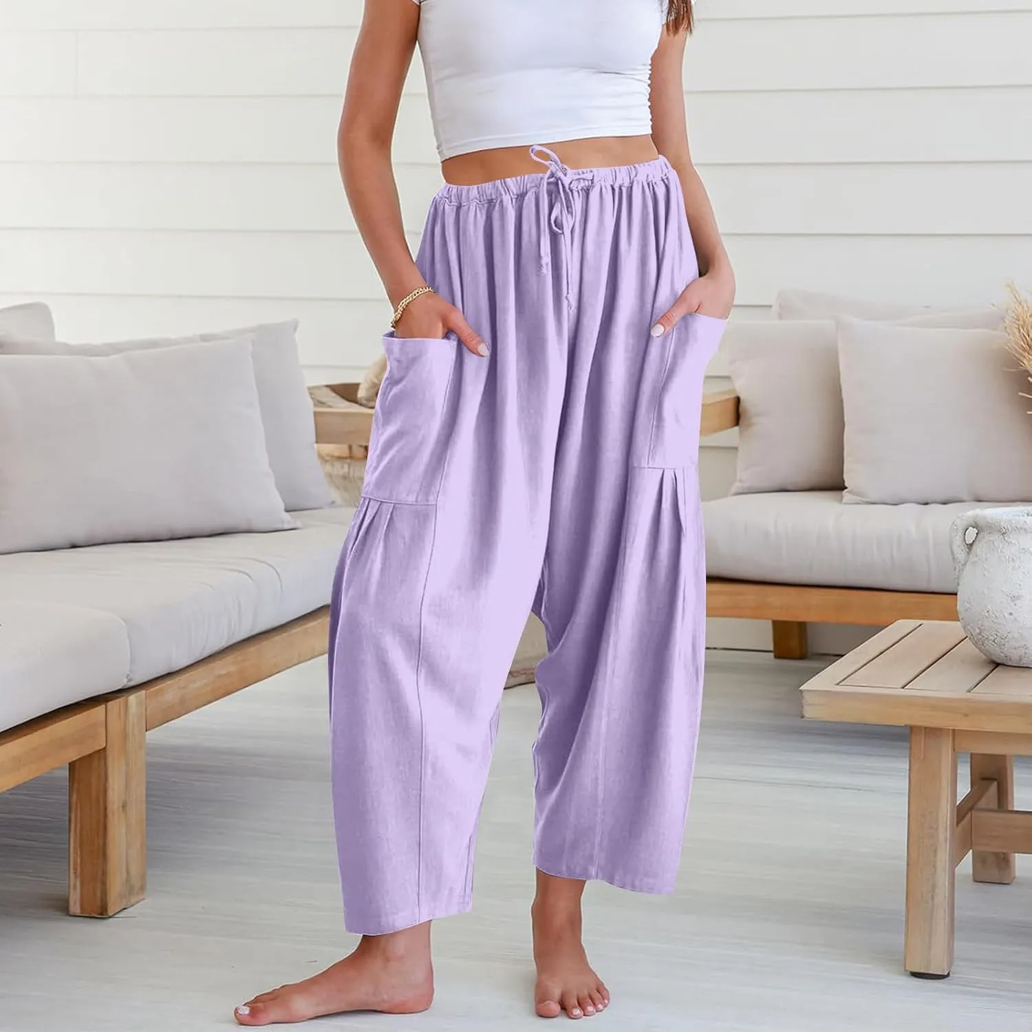 Wide Leg Cropped Pants for Women Casual Drawstring Harem Pants Baggy Lounge Cotton Blend Linen Trousers with Pockets