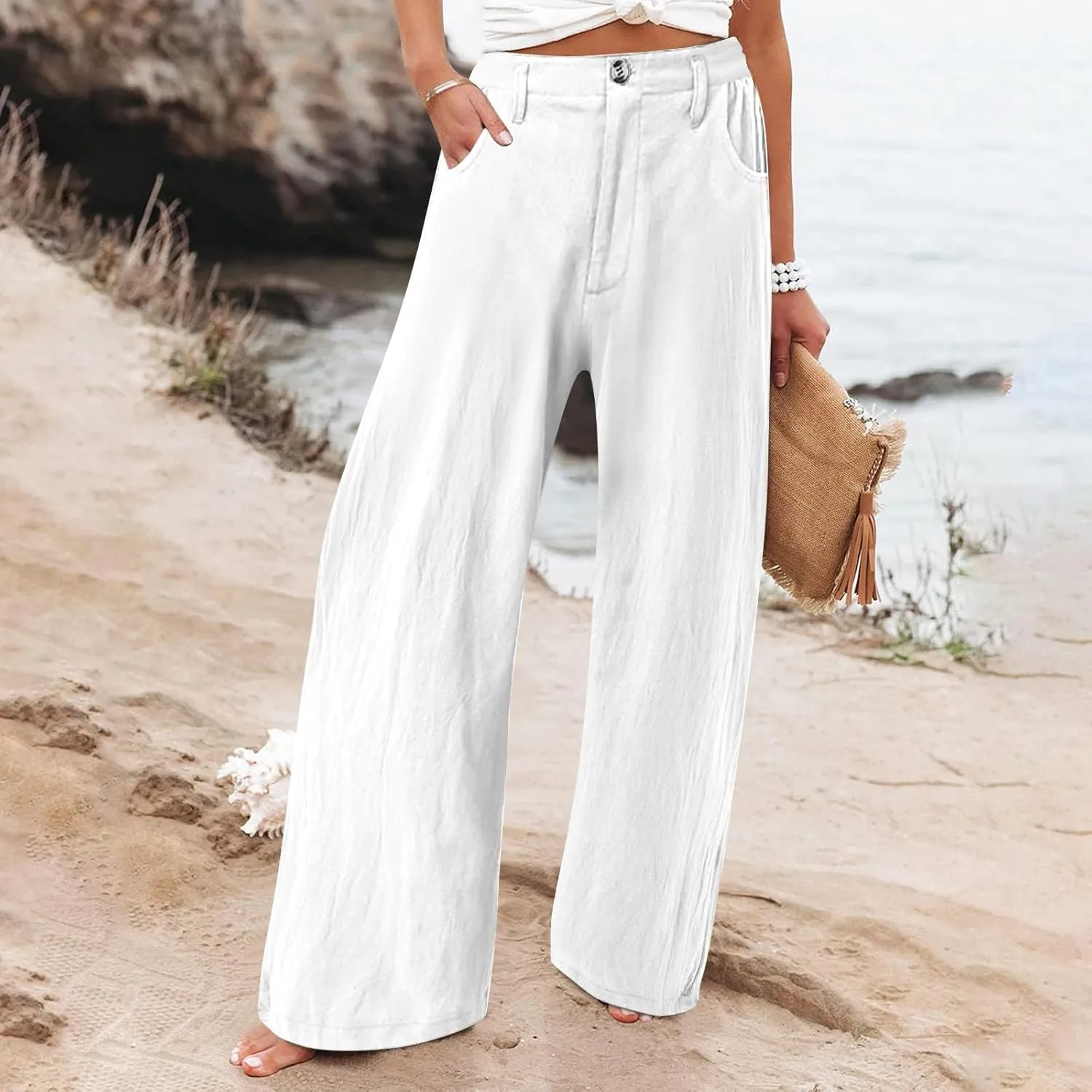 Wide Leg Dress Pants for Women Business Casual High Waisted Linen Palazzo Pants Casual Summer Work Trousers w/Pockets