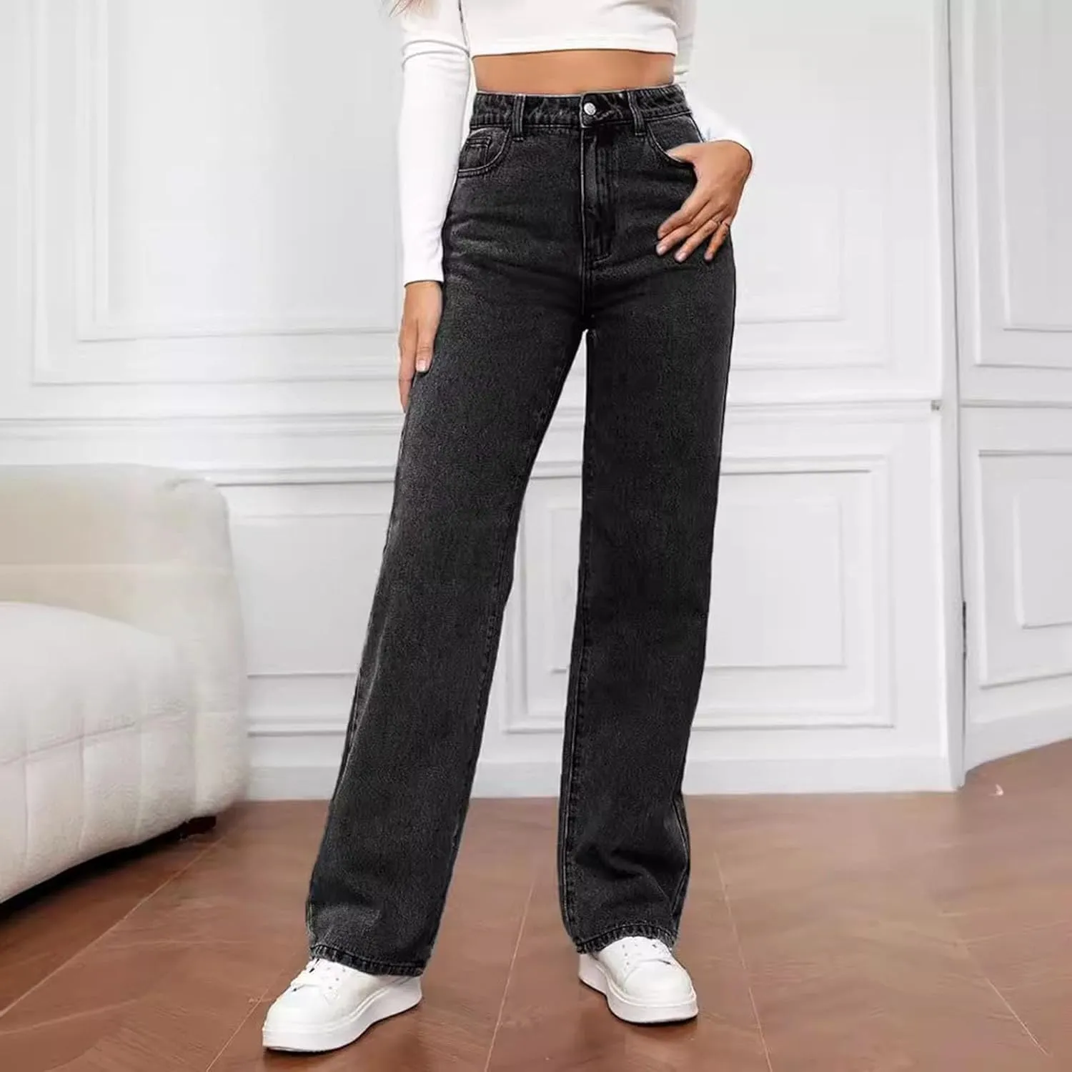 Wide Leg Jeans for Women High Waisted Stretchy Casual Denim Pants Vintage Wash Loose Comfy Jean Trousers with Pocket