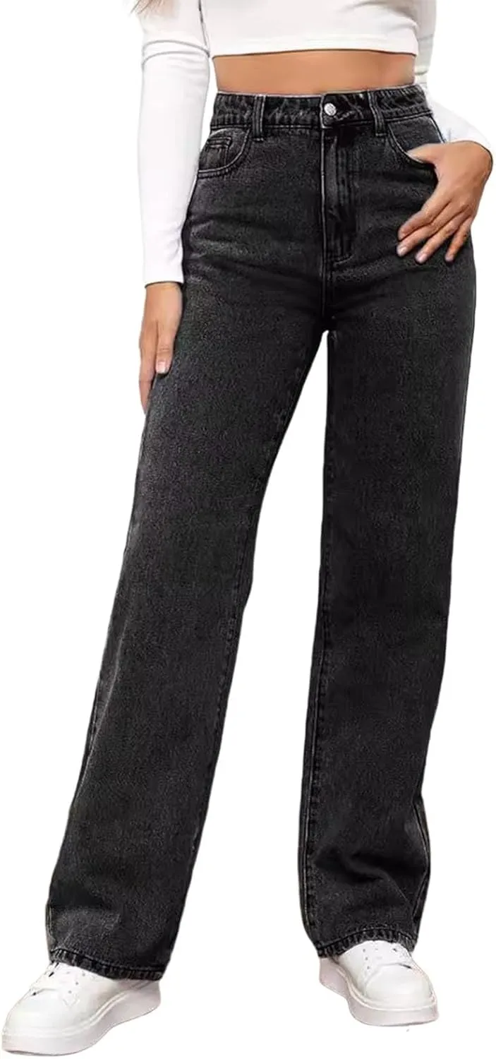 Wide Leg Jeans for Women High Waisted Stretchy Casual Denim Pants Vintage Wash Loose Comfy Jean Trousers with Pocket