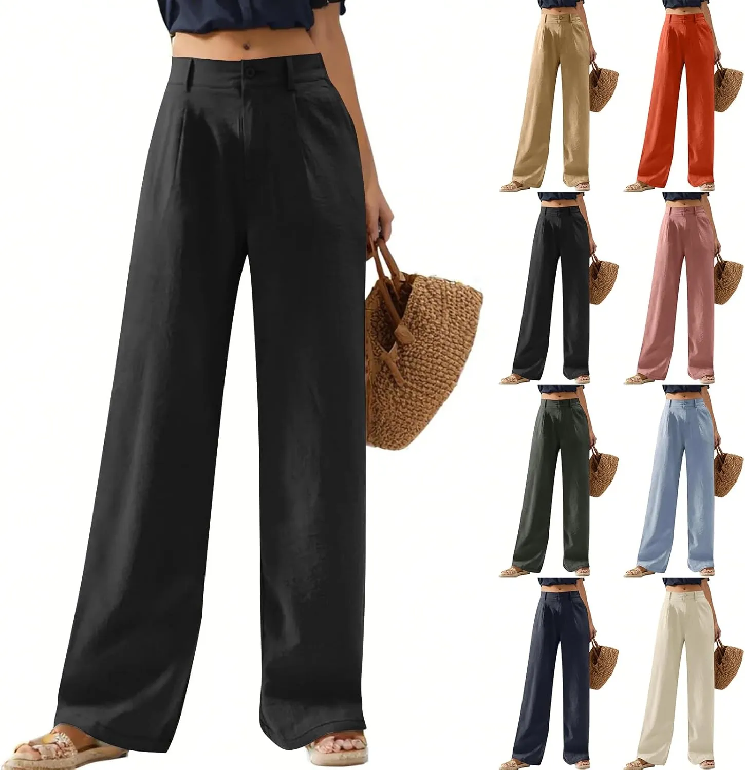 Wide Leg Linen Pants for Women 2025 Trendy Lightweight Summer Palazzo Pants Straight Leg Work Trousers with Pockets