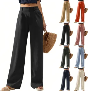 Wide Leg Linen Pants for Women 2025 Trendy Lightweight Summer Palazzo Pants Straight Leg Work Trousers with Pockets