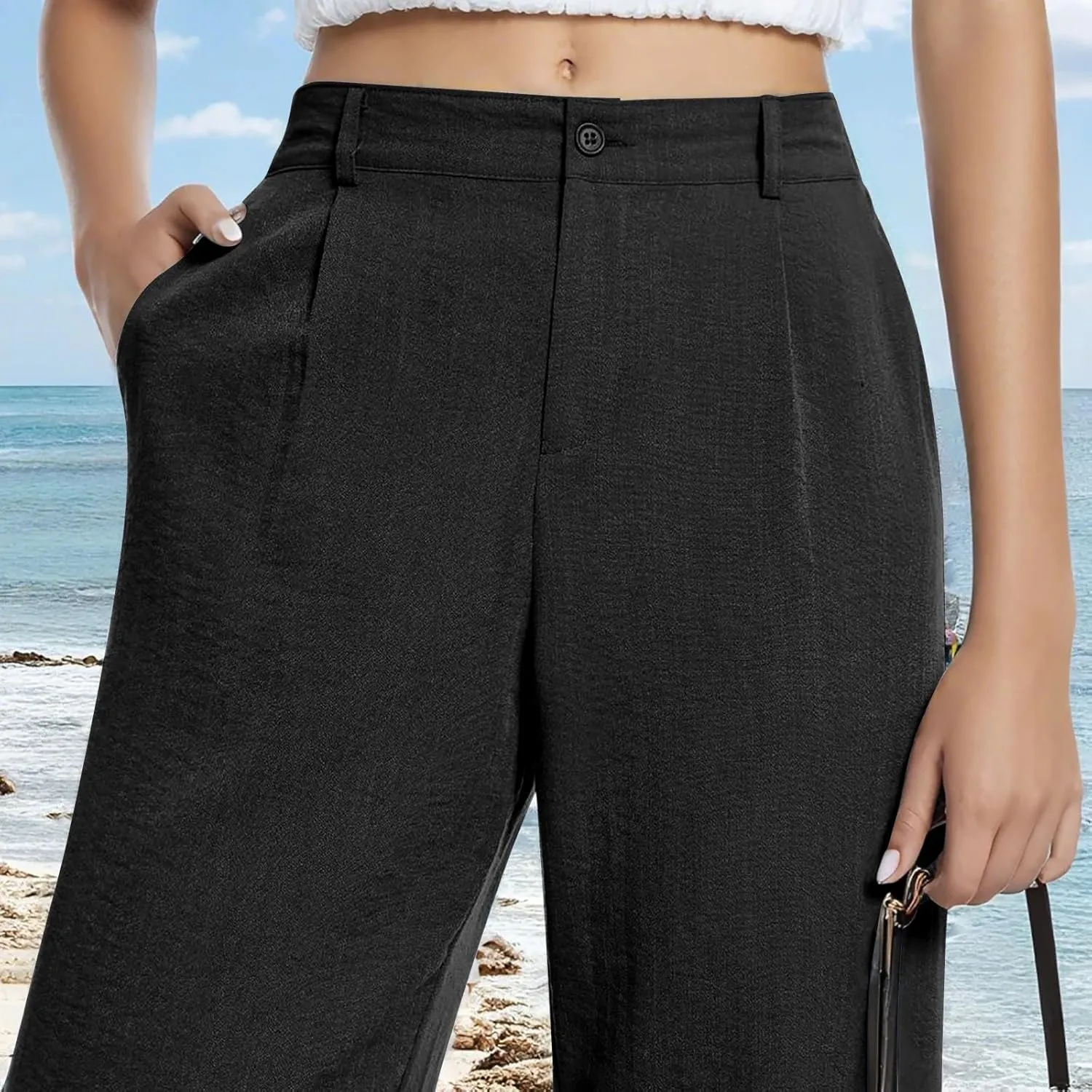 Wide Leg Linen Pants for Women 2025 Trendy Lightweight Summer Palazzo Pants Straight Leg Work Trousers with Pockets