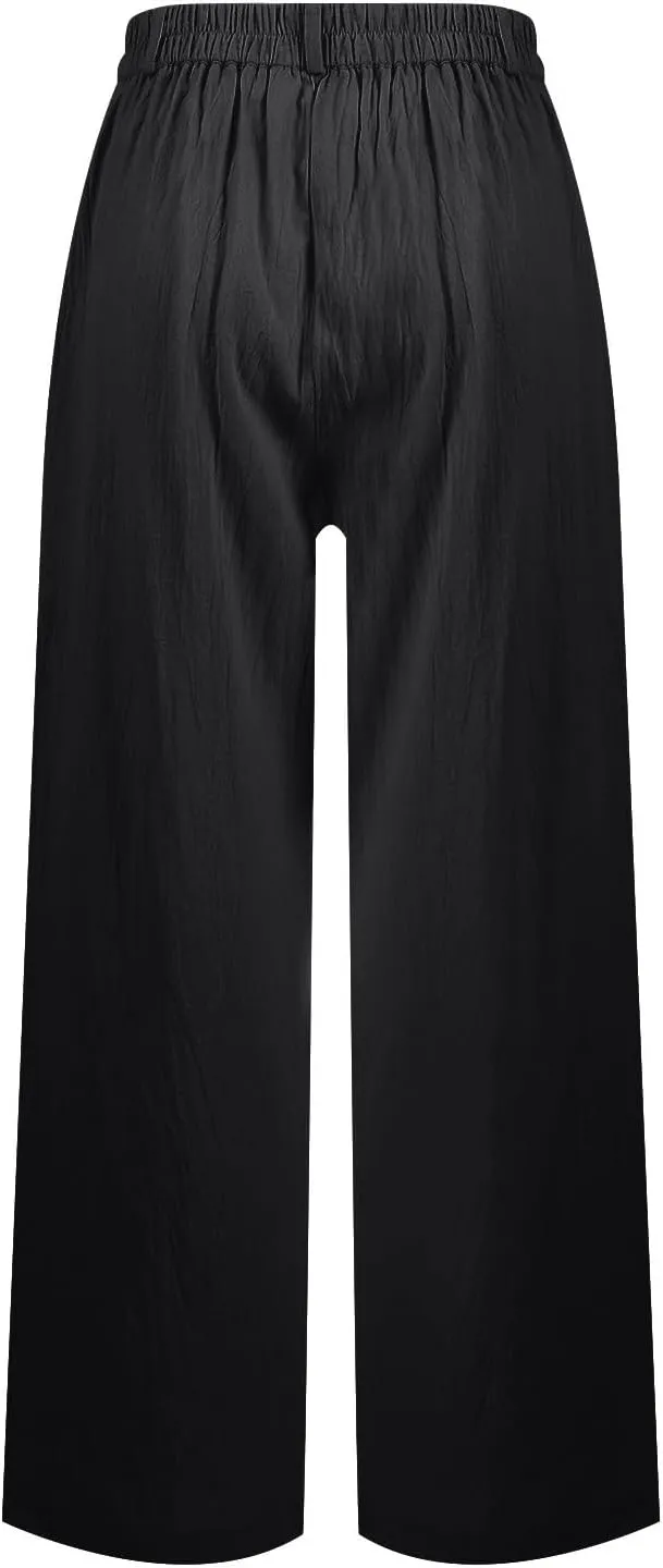 Wide Leg Linen Pants for Women 2025 Trendy Lightweight Summer Palazzo Pants Straight Leg Work Trousers with Pockets