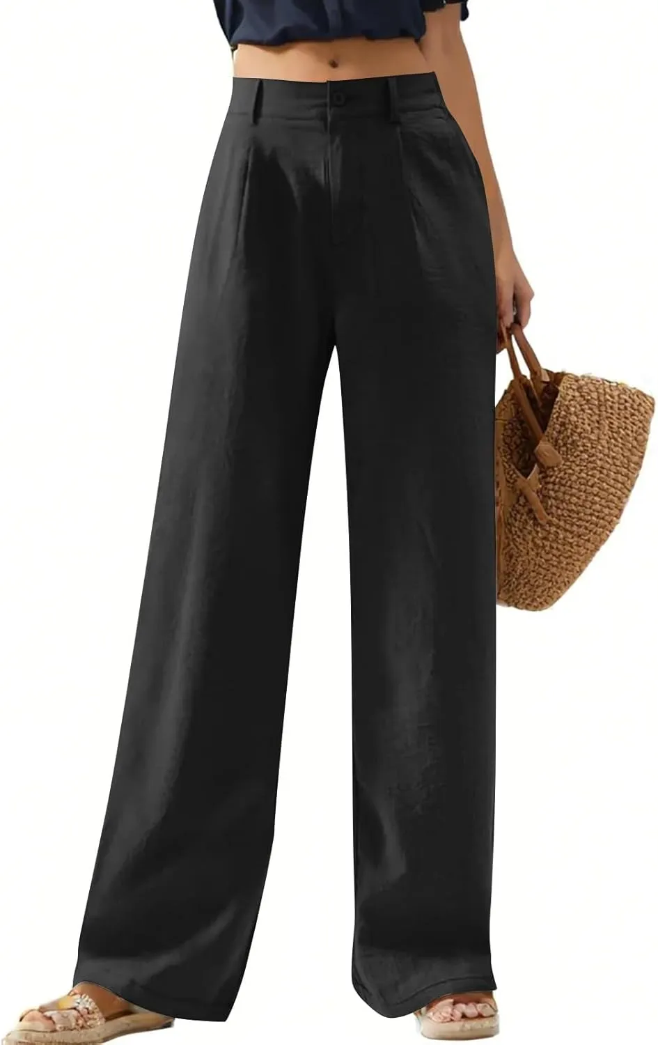 Wide Leg Linen Pants for Women 2025 Trendy Lightweight Summer Palazzo Pants Straight Leg Work Trousers with Pockets