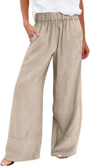 Wide Leg Linen Pants for Women Baggy Elastic High Waisted Palazzo Pants Boho Summer Beach Flowy Pants with Pockets