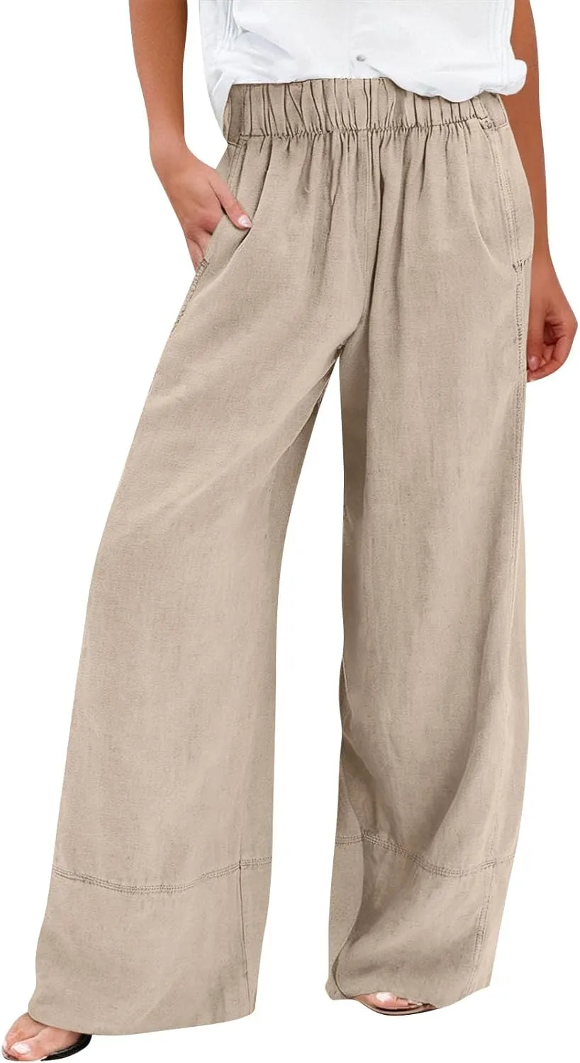 Wide Leg Linen Pants for Women Baggy Elastic High Waisted Palazzo Pants Boho Summer Beach Flowy Pants with Pockets