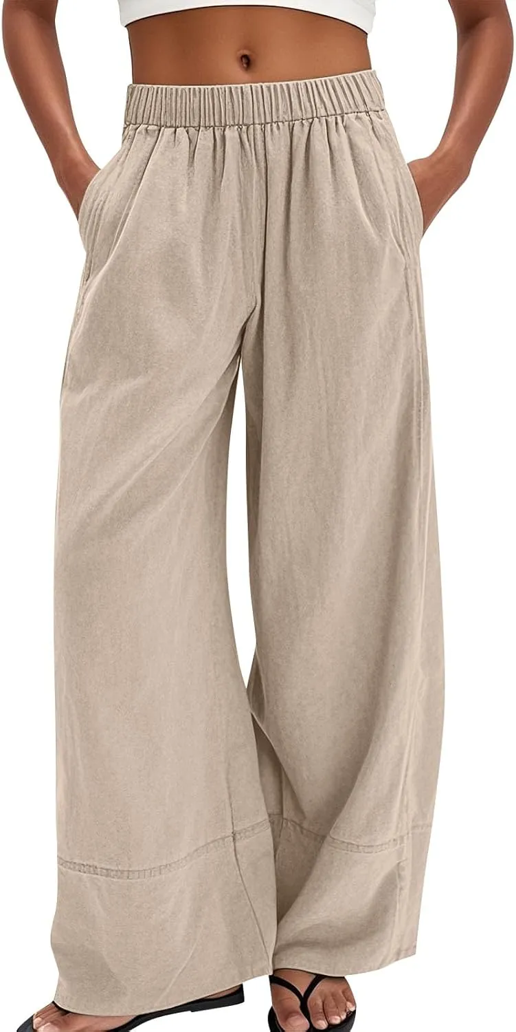 Wide Leg Linen Pants for Women Baggy Elastic High Waisted Palazzo Pants Boho Summer Beach Flowy Pants with Pockets