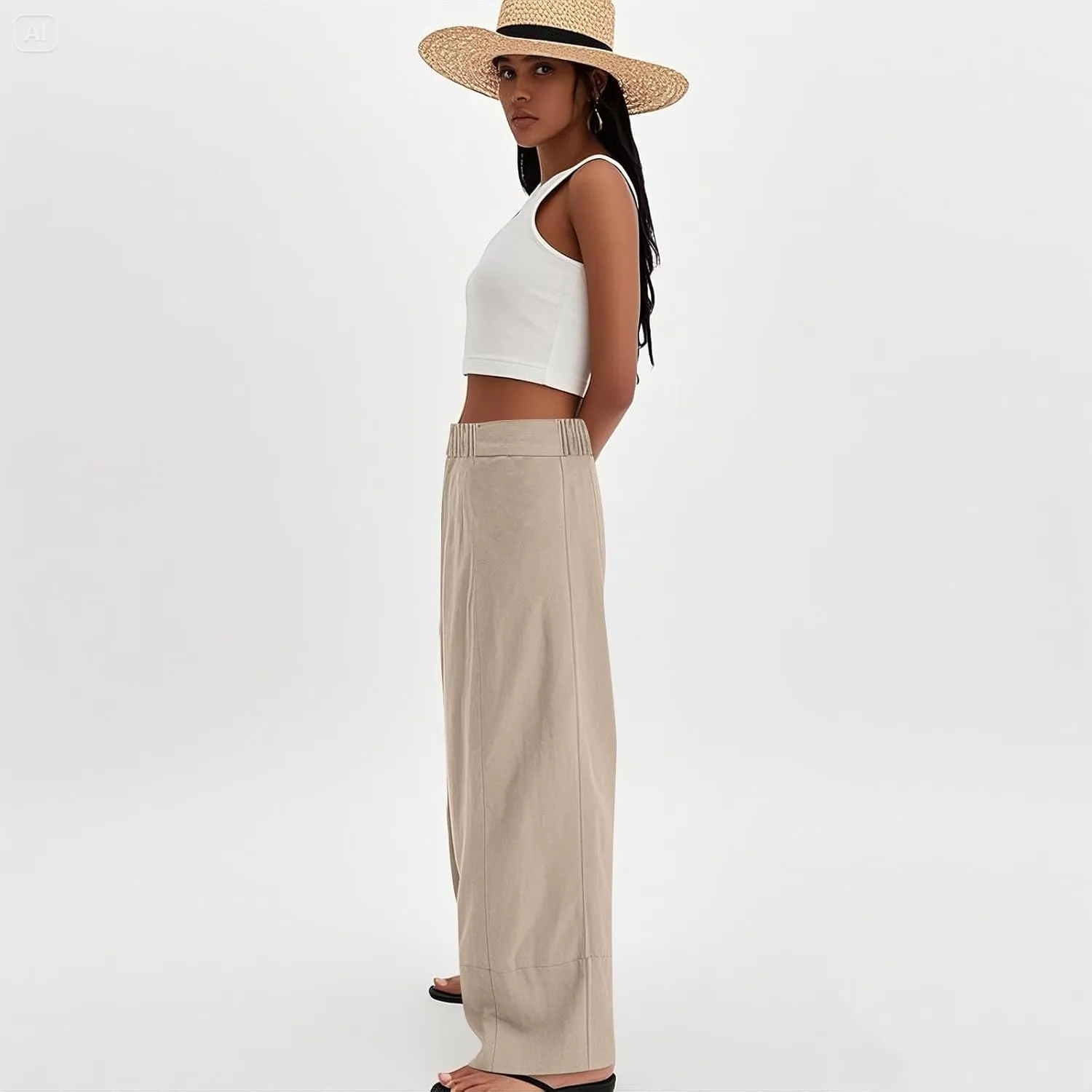 Wide Leg Linen Pants for Women Baggy Elastic High Waisted Palazzo Pants Boho Summer Beach Flowy Pants with Pockets