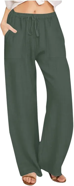 Wide Leg Linen Pants Women Casual Summer Elastic Waist Loose Palazzo Trousers Flowy Beach Lounge Pants with Pockets