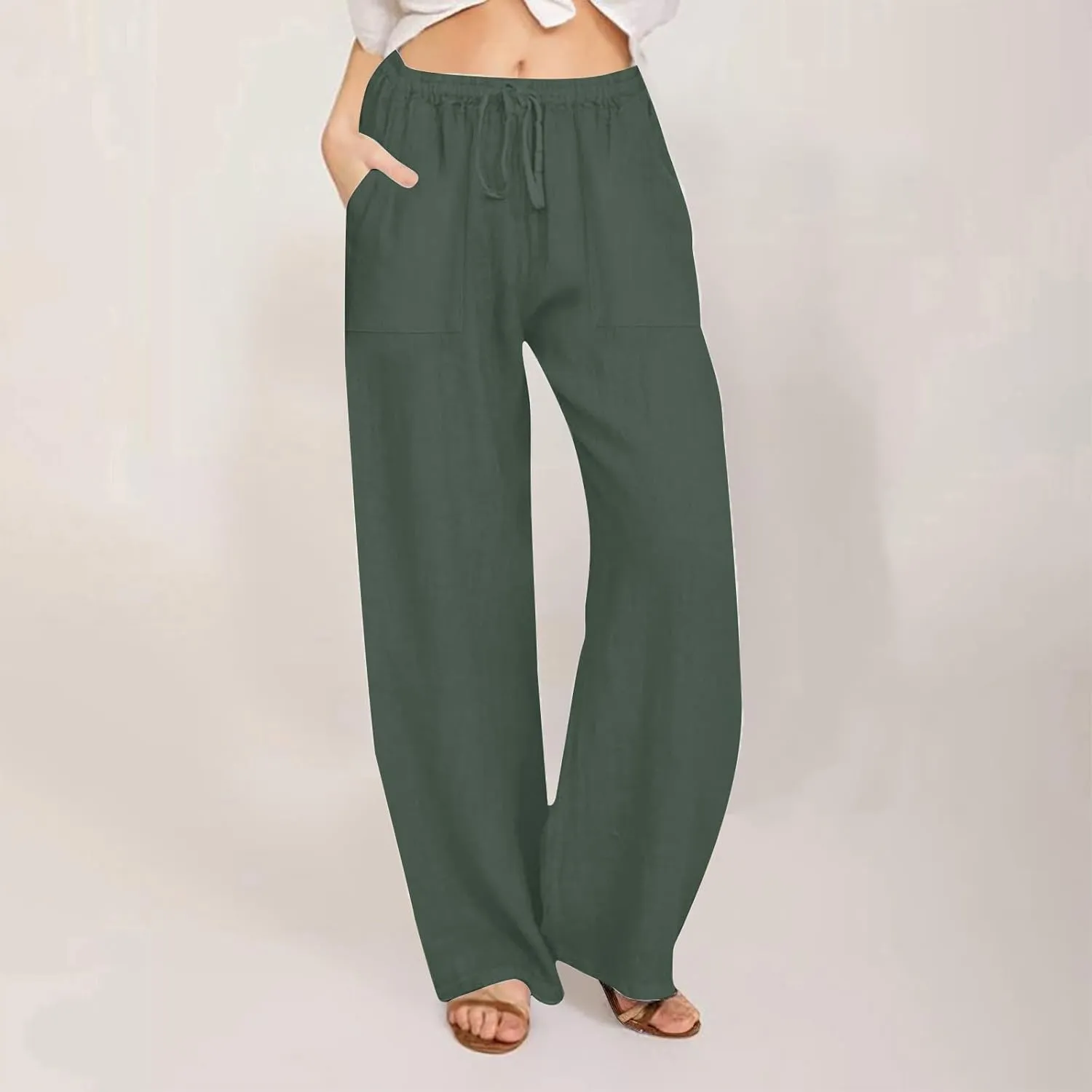 Wide Leg Linen Pants Women Casual Summer Elastic Waist Loose Palazzo Trousers Flowy Beach Lounge Pants with Pockets