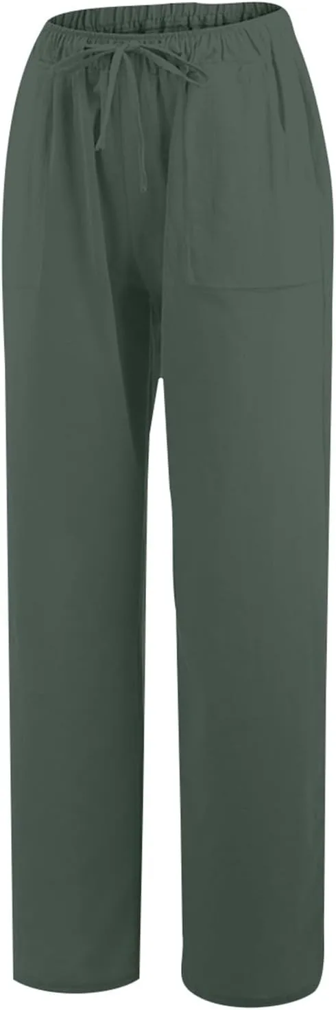 Wide Leg Linen Pants Women Casual Summer Elastic Waist Loose Palazzo Trousers Flowy Beach Lounge Pants with Pockets