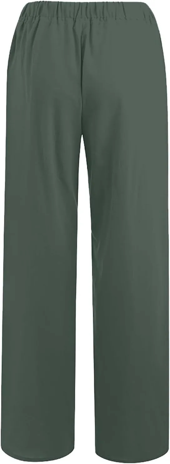 Wide Leg Linen Pants Women Casual Summer Elastic Waist Loose Palazzo Trousers Flowy Beach Lounge Pants with Pockets