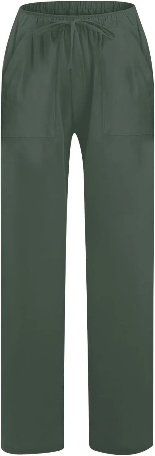 Wide Leg Linen Pants Women Casual Summer Elastic Waist Loose Palazzo Trousers Flowy Beach Lounge Pants with Pockets