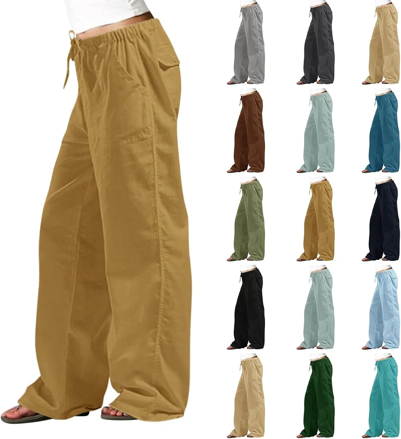 Wide Leg Palazzo Pants for Women Drawstring Elastic High Waisted Wide Leg Linen Pants Baggy Lounge Pants with Pockets