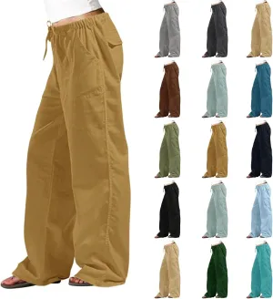Wide Leg Palazzo Pants for Women Drawstring Elastic High Waisted Wide Leg Linen Pants Baggy Lounge Pants with Pockets