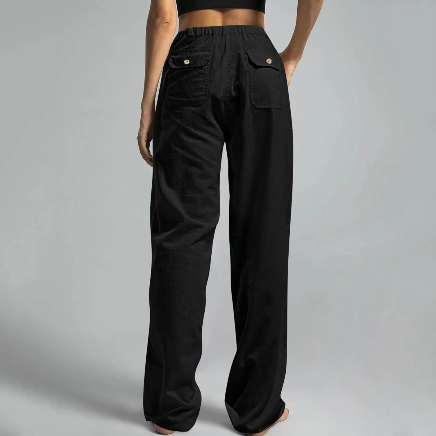 Wide Leg Palazzo Pants for Women Drawstring Elastic High Waisted Wide Leg Linen Pants Baggy Lounge Pants with Pockets