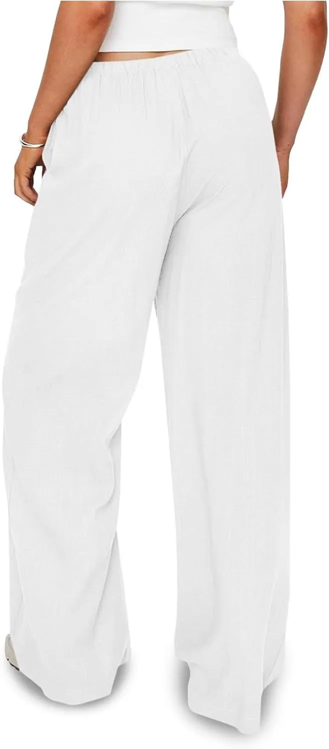 Wide Leg Palazzo Pants for Women Drawstring High Waisted Linen Pants 2025 Trendy Baggy Lounge Long Trousers w/Pockets