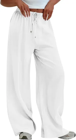 Wide Leg Palazzo Pants for Women Drawstring High Waisted Linen Pants 2025 Trendy Baggy Lounge Long Trousers w/Pockets
