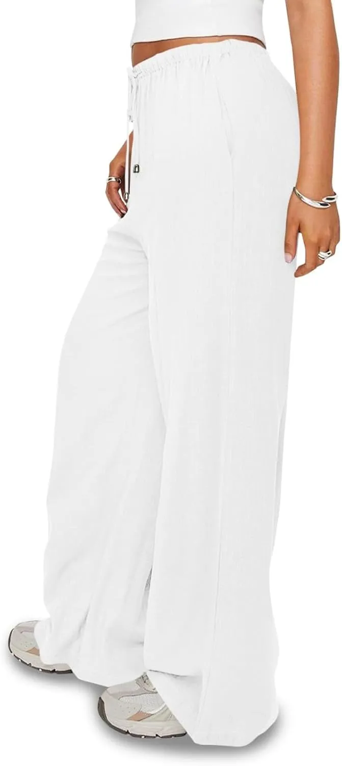 Wide Leg Palazzo Pants for Women Drawstring High Waisted Linen Pants 2025 Trendy Baggy Lounge Long Trousers w/Pockets
